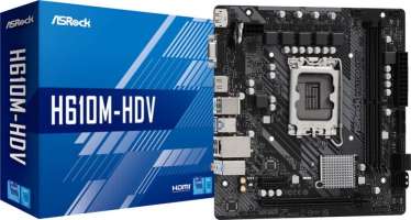 ASRock Материнская плата mATX H610M-HDV (LGA1700, H610, 2*DDR4(3200), 4*SATA 6G, 2*PCIE, 7.1CH, Glan, D-sub, HDMI, DP, 2*USB 3.2)
