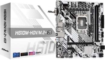 Материнская плата mATX ASRock H610M-HDV/M.2+ D5 (LGA1700, H610, 2*DDR5 (5600), 4*SATA 6G, M.2, 2*PCIE, Glan, D-Sub, HDMI, DP, USB Type-C, USB 3.2, 4*U