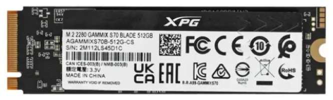 Накопитель SSD M.2 2280 ADATA AGAMMIXS70B-512G-CS XPG GAMMIX S70 BLADE PCIe 512GB Gen4x4 NVMe 1.4 7200/2600MB/s IOPS 425K/510K MTBF 2M TBW 370TB