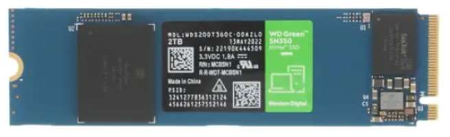 Western Digital Накопитель SSD M.2 2280 WDS200T3G0C WD Green SN350 2TB PCIe NVMe 3.0 x4 QLC 3200/3000MB/s IOPS 500K/450K MTBF 1M 100 TBW