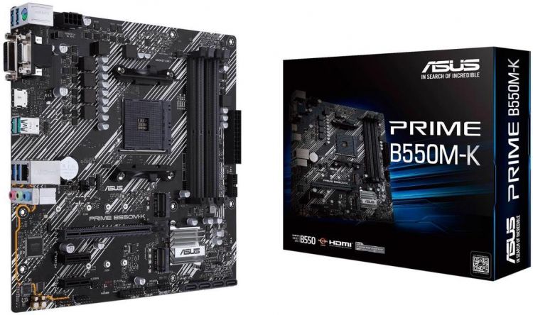 Материнская плата mATX ASUS PRIME B550M-K (AM4, AMD B550, 4*DDR4(4800), 4*SATA 6G RAID, 2*M.2, 3*PCIE, 7.1CH, Glan, 8*USB 3.2, D-Sub, DVI-D, HDMI)