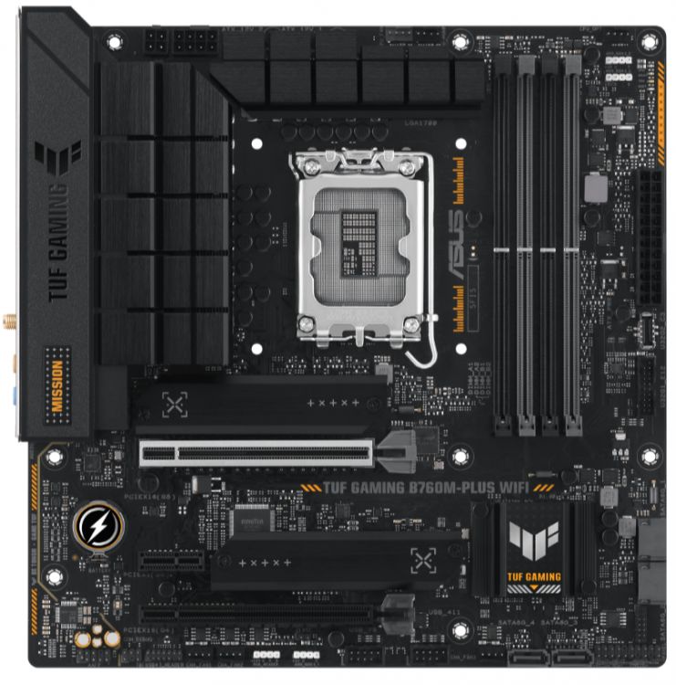 Материнская плата mATX ASUS TUF GAMING B760M-PLUS WIFI 90MB1ET0-M0EAY0 (LGA1700, B760, 4*DDR5 (7200), 4*SATA 6G RAID, 2*M.2, 3*PCIE, 2.5Glan, WiFi, BT