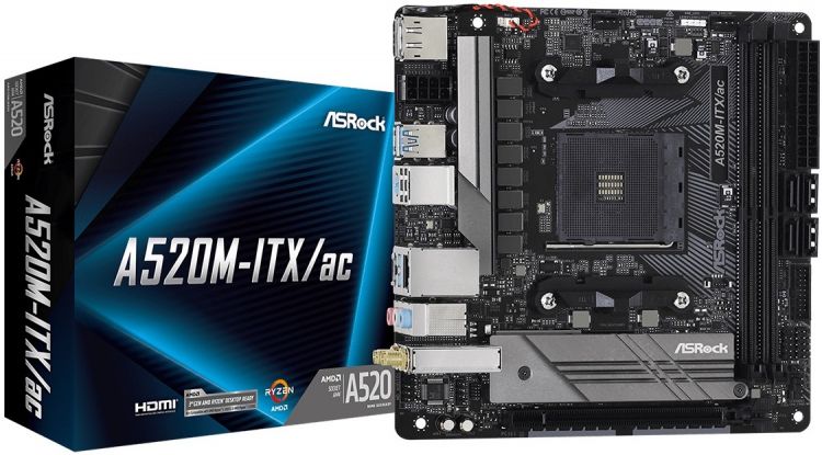 Материнская плата mini-ITX ASRock A520M-ITX/AC (AM4, AMD A520, 2*DDR4(4733), 4*SATA 6G RAID, M.2, PCIE, 7.1CH, Glan, WiFi, BT, 5*USB 3.2/USB Type-C, H