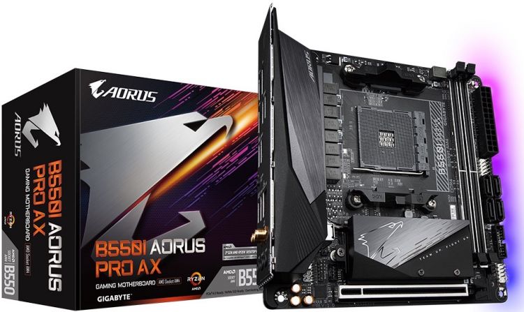 Материнская плата mini-ITX GIGABYTE B550I AORUS PRO AX (AM4, AMD B550, 2*DDR4(5300), 4*SATA 6G RAID, 2*M.2, PCIE, 7.1CH, 2.5Glan, WiFi, BT, 7*USB 3.2/